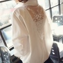 Ladies' White Loose Blouse with Long Sleeves and Sheer Lace at the Back Shirt Collar V-Neck Polyester with Spandex 3