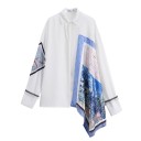 Ladies' White Shirt Blouse with Long Sleeves Loose Fit Asymmetrical Print with Painterly Motif Decorative Fringed Hems Cotton and Polyester 1