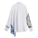 Ladies' White Shirt Blouse with Long Sleeves Loose Fit Asymmetrical Print with Painterly Motif Decorative Fringed Hems Cotton and Polyester 2