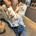 Ladies' White Shirt with Colourful Floral Print and Labels Classic Fit with Collar Long Sleeves Breast Pocket Polyester and Cotton 5