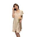 Ladies' White Short Sleeve Nightdress with O-Neck Elegant Ruffled Design with Gathering Cotton-Polyester Sleep Top 3