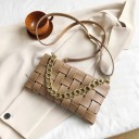 Ladies' Woven Handbag Made of Artificial Leather with a Massive Gold Chain and a Long Thin Shoulder Strap Flat Rectangular Shape 4