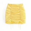 Ladies' Yellow Mini Skirt with a Small Check Pattern Gathered Front with Ties for a Bow Frill at the Hem Made of Polyester 1