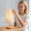 Lampă de noapte LED cu abajur din țesătură Dimabilă 13 x 24 cm USB Bază din bambus și lemn Lampă de birou pentru dormitor 3