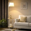 Lámpara de pie con mesa auxiliar blanca 162 cm estructura de metal con estantes de bambú y pantalla textil con interruptor de pie 3