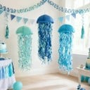 Lampion en papier en forme de méduse ensemble de 3 pièces avec franges 25,5 cm en trois nuances de bleu décoration pour fête et décoration marine 2