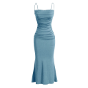 Lang formel kjole med tynde stropper, plisseret overdel, elastisk materiale, vidde kant, tætsiddende snit, elegant stil 6