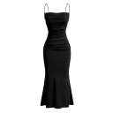 Lang formel kjole med tynde stropper, plisseret overdel, elastisk materiale, vidde kant, tætsiddende snit, elegant stil 4