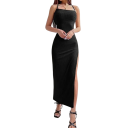 Lang ribbet bodycon-kjole med smalle stropper og bindebånd bagpå Høj slids Elegant snit Ankellang kjole Sexet sommeroutfit 2