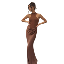 Lang satin aftenkjole med høj krave og synlige hofter. Bodytop. Tætsiddende snit. Elegant brun kjole med stropper. 2