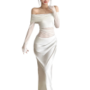 Lange elegante getailleerde jurk met blote schouders en transparante mouwen Stijlvol plooi-effect in de taille Formele avondoutfit 5