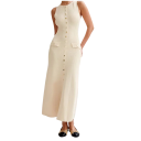 Lange gebreide mouwloze damesjurk met knopen en zakken Elegante getailleerde jurk met ronde hals Midi-lengte 4
