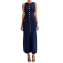 Lange gebreide mouwloze damesjurk met knopen en zakken Elegante getailleerde jurk met ronde hals Midi-lengte 3