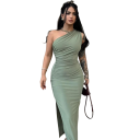 Langes elegantes Maxikleid mit asymmetrischem Träger, taillierter Schnitt, Raffung an der Taille, hoher Schlitz, knielang, formelles Kleid 6