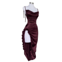 Langes Satinkleid mit tiefem Schlitz Geraffter Saum V-Ausschnitt Tiefer Satinschnitt Offener Rücken Elegantes Abendkleid 4