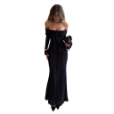 Langes schwarzes Spitzenkleid mit freiliegenden Schultern und langen Ärmeln Transparentes Kleid im romantischen Stil mit Schnürung 1