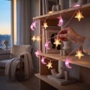 Lanț luminos cu stele și luni 30 LED-uri Lungime 4,5 m Pe baterii AA Lumină roz și caldă Decorațiune pentru camera copiilor 6