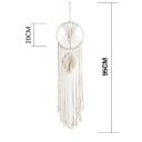 Lapač snov v macramé štýle s kruhom o priemere 20 cm a celkovou dĺžkou 95 cm s pleteným pierkom dlhými strapcami a pútkom v krémovej farbe 4