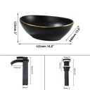Lavabo ovale à poser 42 x 12,5 x 34 cm avec robinet à cascade à levier de 25,5 cm en finition noir mat avec bord doré 3