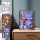 LED-wandschilderij 23 x 17 cm Nachtstad Lichtgevende decoratie 3 lichtstanden Moderne woonaccessoire Verlicht schilderij interieur 3