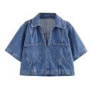 Letnia niebieska koszula jeansowa z krótkim rękawem Skrócony krój Stylowa bluzka damska Jeans na lato Moda codzienna 3