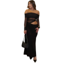 Long Elegant Fitted Dress with Exposed Shoulders and Sheer Sleeves Stylish Gathering Effect at the Waist Formal Evening Outfit 6