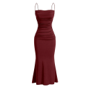 Long Evening Dress with Thin Straps Ruched Bodice Elastic Material Flared Hem Fitted Cut Elegant Style 8