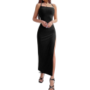 Long Fitted Dress with Thin Straps and Deep Slit Ribbed Material Elegant Cut with Side Lacing 4
