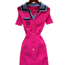 Long Knitted Dress with Embroidery and Buttons Elegant Dress with Collar V-Neck and Short Sleeves for Everyday and Formal Wear 5