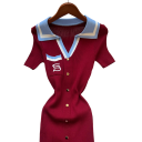 Long Knitted Dress with Embroidery and Buttons Elegant Dress with Collar V-Neck and Short Sleeves for Everyday and Formal Wear 7