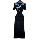 Long Knitted Dress with Embroidery and Buttons Elegant Dress with Collar V-Neck and Short Sleeves for Everyday and Formal Wear 9