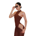 Long Satin Evening Dress with High Collar and Exposed Sides Body Top Fitted Cut Elegant Brown Strappy Dress 6