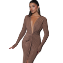 Long Sparkly Evening Dress with Deep V-Neck Elegant Dress with Ruching Autumn Evening Dress with Long Sleeves 4