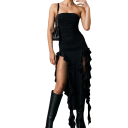 Long Strapless Evening Dress with Asymmetrical Ruffle Hem and High Slits Elegant Fitted Formal Dress 1