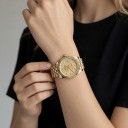 Luksusiske dameskader med krystaller i stedet for indeksser Vindu med dato Ribbede lunette Guld fem-rækket armbånd Vandafvisende 5 ATM 8
