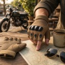 Luvas táticas de dedos cortados para homem com protetor de articulação e fecho de velcro em poliéster e nylon para uso militar 7