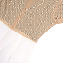 Macacão feminino liso Top semitransparente com pérolas Decote redondo Calças longas Corte elegante Nylon 4