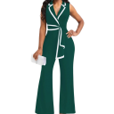 Macacão feminino Modelo liso Calças largas Alças largas Gola Laço na cintura Decote em V Poliéster Spandex 11