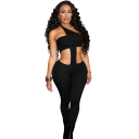 Macacão feminino preto com decote Top assimétrico Calças longas Corte elegante Material elástico Poliéster Spandex Design moderno 3