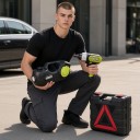 Macaco elétrico para carro 5 t 12 V com chave de impacto e compressor Elevação 13,5–36 cm Luz LED Preto e verde Para troca de pneus 11