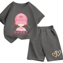 Mädchen Sommer Set T-Shirt mit kurzen Ärmeln und Shorts mit Herzchen Rundhalsausschnitt Druck Mädchen mit Schirmmütze Bequemer 5