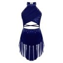 Mädchen Tanzkleid mit Halterkragen, Strasssteinen und asymmetrischem Netzrock, Oberteil aus Polyester mit Elasthan, für Wettkampftanz 3
