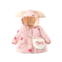 Mädchen Winterjacke mit Erdbeermuster, Druckknöpfen, Kapuze mit Hasenohren und Raffung, warmer Polyesterjacke mit Plüschhandtasche 1