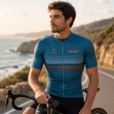 Maglia da ciclismo da uomo a maniche corte con zip a tutta lunghezza con motivo a quadretti bianchi e arancioni sul petto in blu 5