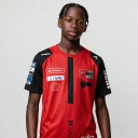 Maglia rossa da uomo senza numero con maniche raglan nere e pezzo triangolare sotto il collo in stile corsa motociclistica 4