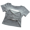 Maglietta corta da donna con scollo sulla schiena Nastrini decorativi Maglietta elastica con taglio Elegante top a maniche corte 2