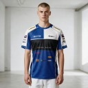 Maglietta da uomo a maniche corte con spalle bianche e striscia nera sul petto e stampa in stile maglia da corsa motocross blu e bianca 3