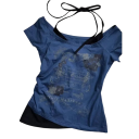 Maglietta donna a due strati con stampa Les Galleries Scollo ampio sulle spalle Top elegante a strati con motivo in pizzo sul davanti 6