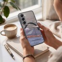 Magnetický ochranný obal na Samsung Galaxy A56 Odolný Vlak nad vodou s horami a mesiacom Bezdrôtové nabíjanie Čierny rám Oranžové tlačidlá 2
