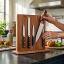 Magnetisk knivholder i akacietræ 25 x 23,5 cm Dobbeltstående knivblok med stærke magneter Naturlig brun Til køkkenet 2